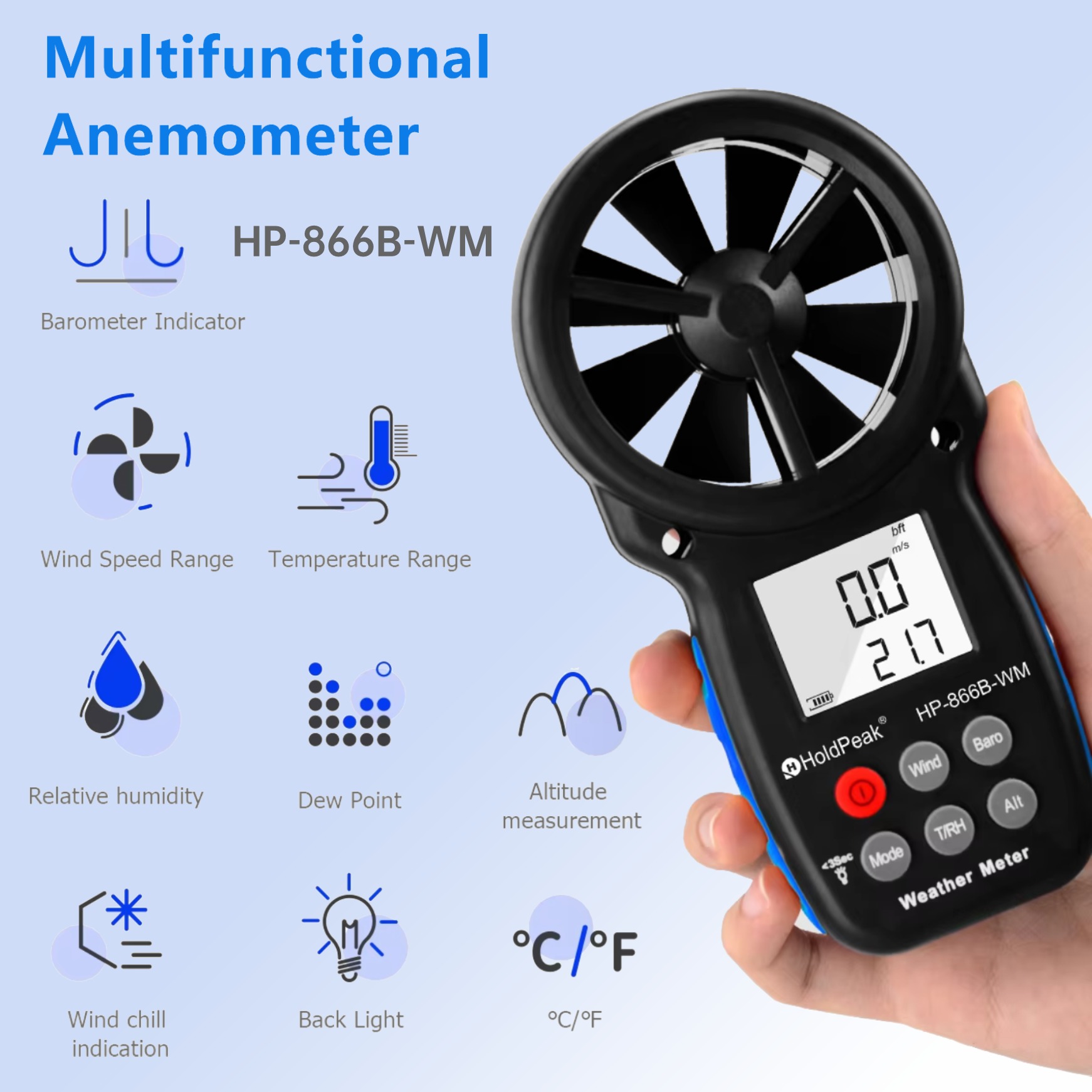 Anemometer Wind Speed - HP-866B-WM Anemometer Instruction,Wind speed,Barometer indicator,Temperature/humidity/dew point/wind
